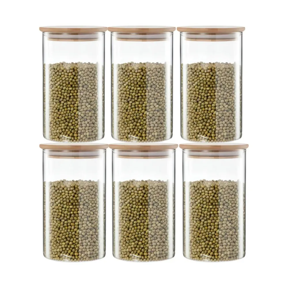 Pack 6 Frasco Hermetico Contenedor Especies Tapa Bambú 700 ML
