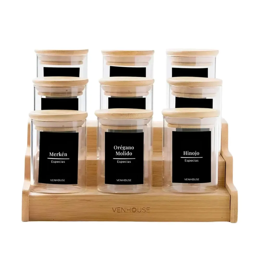 Pack 15 Frascos Contenedor Vidrio 15 Etiquetas 180 ML Bambú Negro