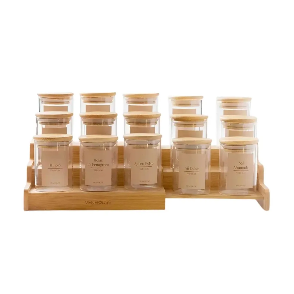 Pack 15 Frascos Contenedor Vidrio 15 Etiquetas 180 ML Bambú Beige