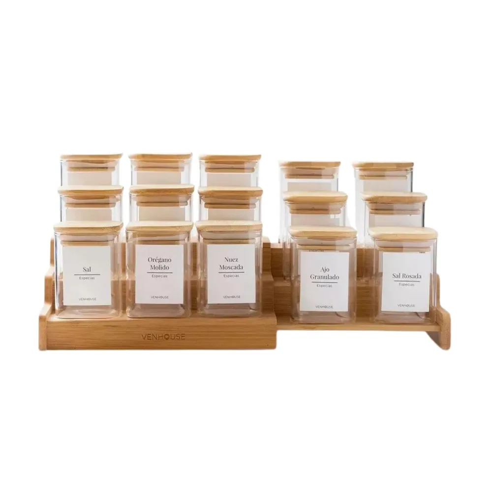 Pack 12 Frascos Contenedor Vidrio 15 Etiquetas 180 ML Bambú Blanco