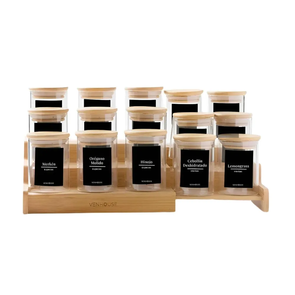 Pack 12 Frascos Contenedor Vidrio Redondo 15 Etiquetas 180 ML Bambú Negro