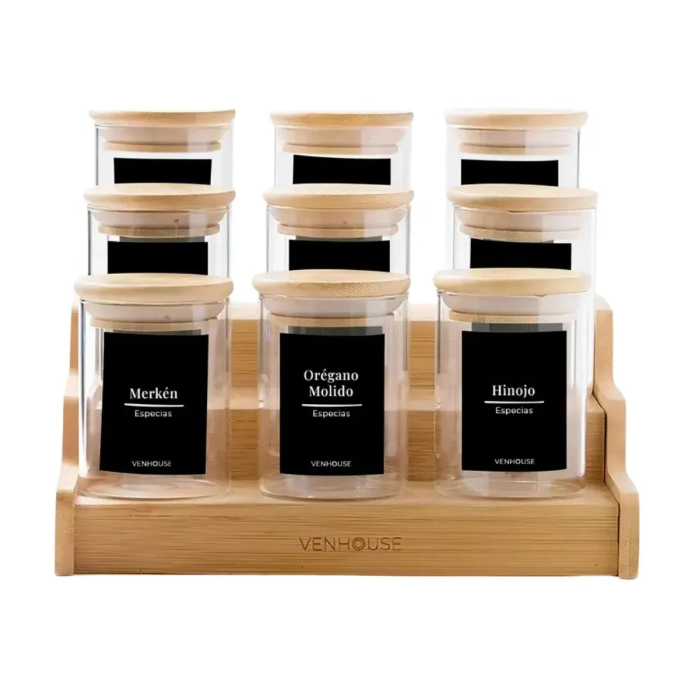 Pack 12 Frascos Contenedor Vidrio Redondo 15 Etiquetas 180 ML Bambú Negro
