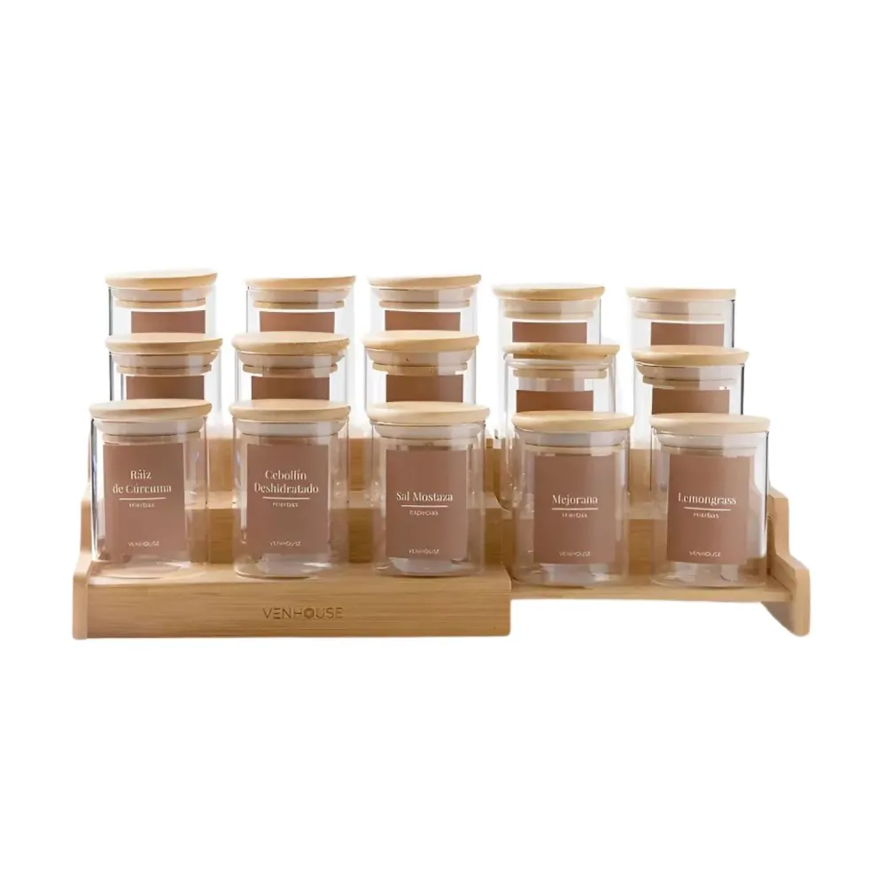 Pack 12 Frascos Contenedor Vidrio Redondo 15 Etiquetas 180 ML Bambú Marron