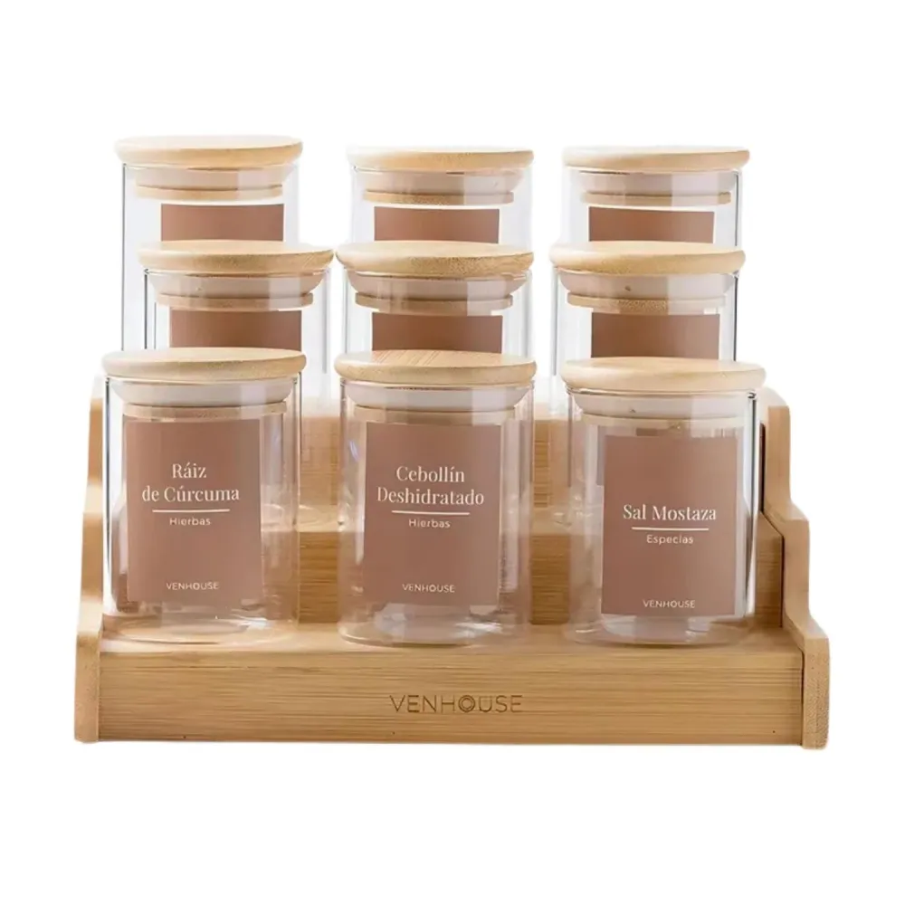 Pack 12 Frascos Contenedor Vidrio Redondo 15 Etiquetas 180 ML Bambú Marron