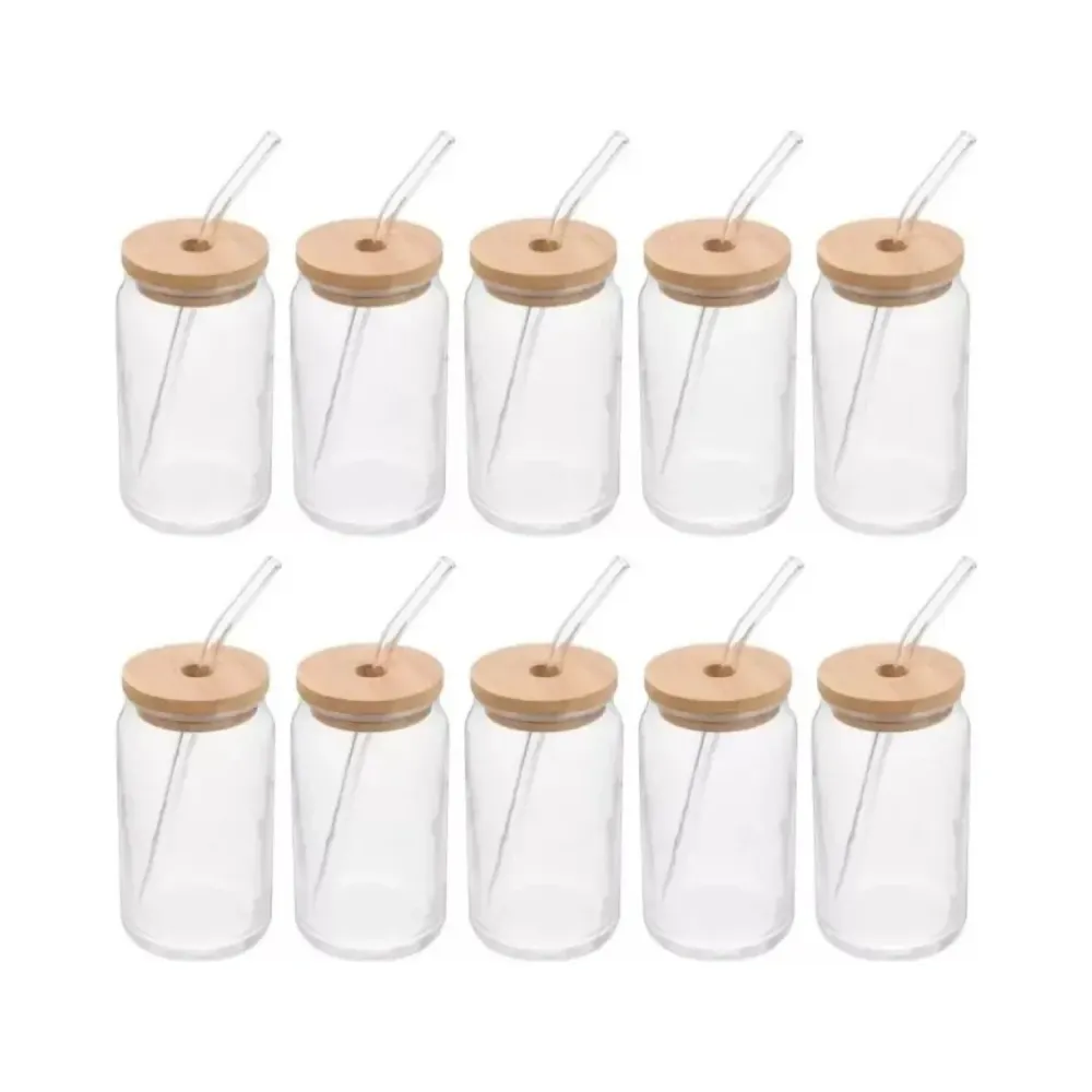 Pack 10 Vaso Lara Vidrio Bombilla Tapa bambú 550 ML