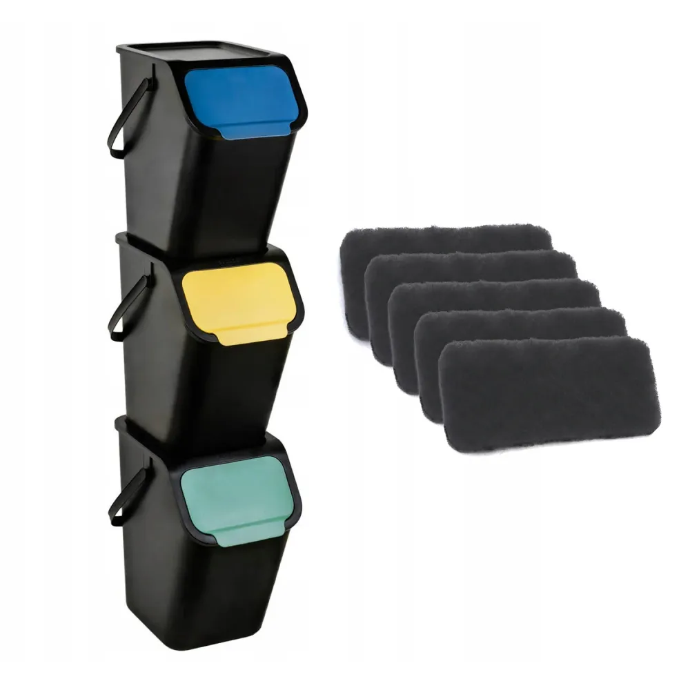 Juego de 3 contenedores negros para la clasificación de residuos BINI de 25 l con tapa negra y tapa abatible de colores (a...