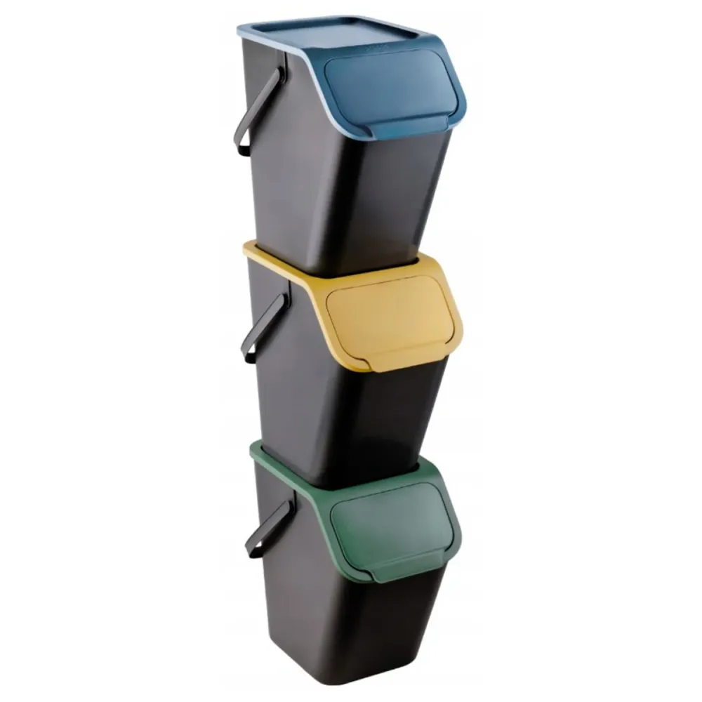 Practic Bini Juego de 3 Cubos de Basura, Cubos Apilables, Tapa con Sistema de Clic, Separación de Residuos de Cocina, 3x25...