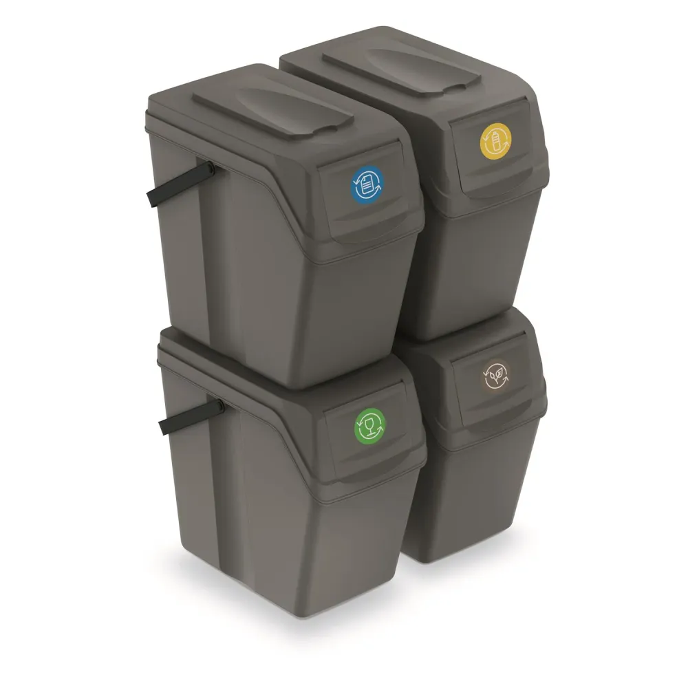 Cubos de basura de segregación, conjunto de 4 cubos con tapas en diferentes colores, Sortibox 4x25L ISWB25S4 GRIS Prosperp...