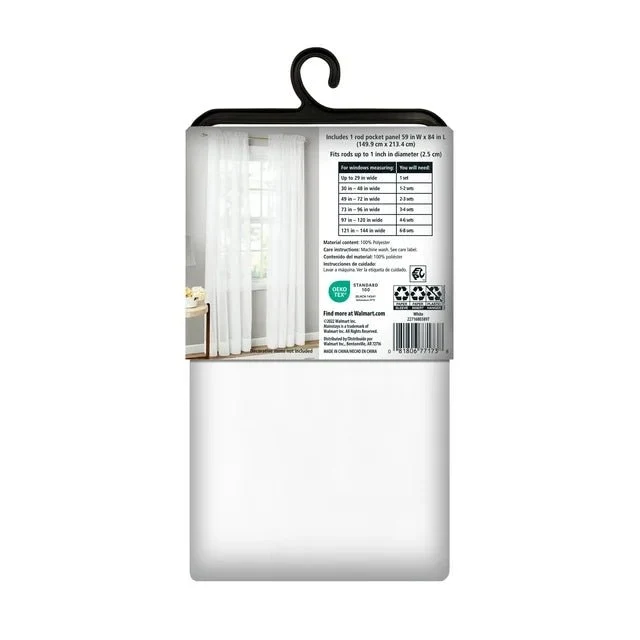 Panel de cortina de gasa transparente Mainstays Marjorie, 1 panel, blanco, 140 cm de ancho x 213 cm de largo Quierox - Tie...