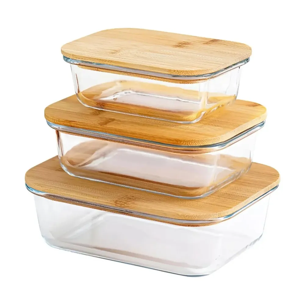 Set 3 Tupper Vidrio Hermetico Tapa Bambú 1,04 LT