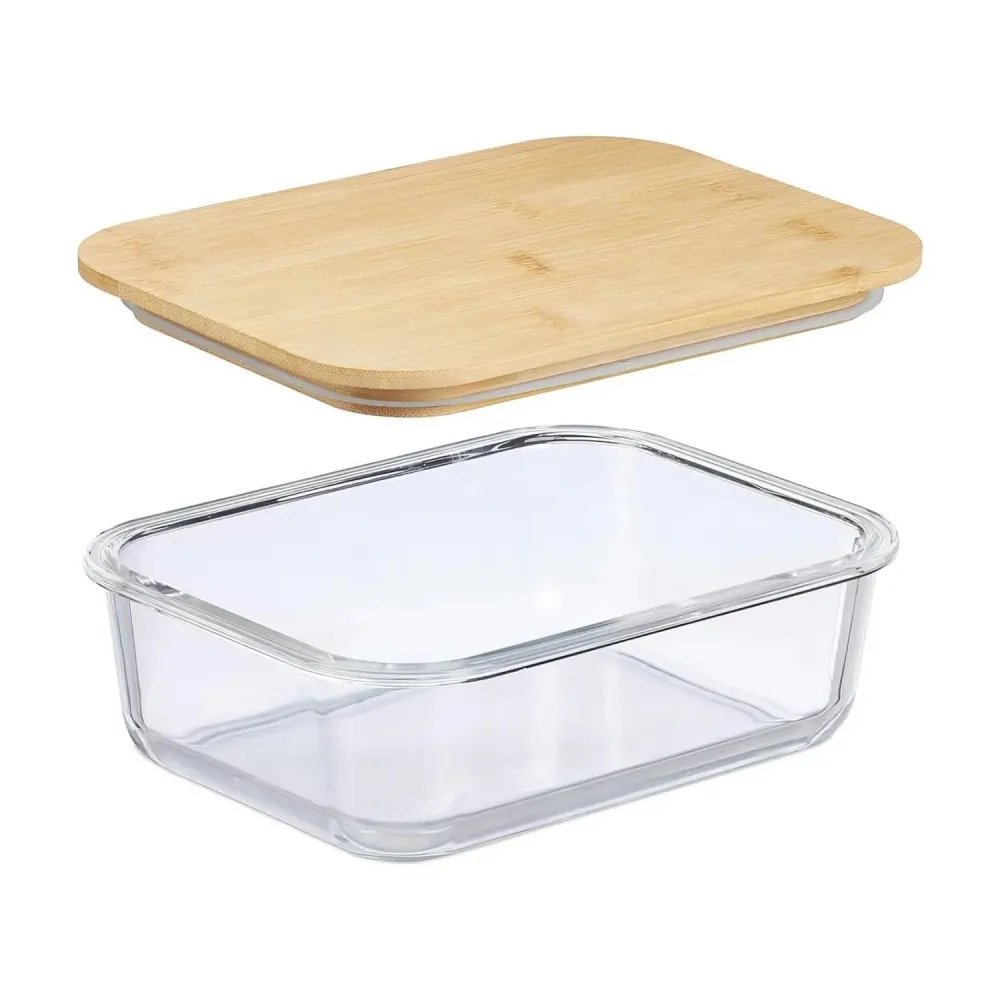 Set 3 Tupper Vidrio Hermetico Tapa Bambú 1,04 LT