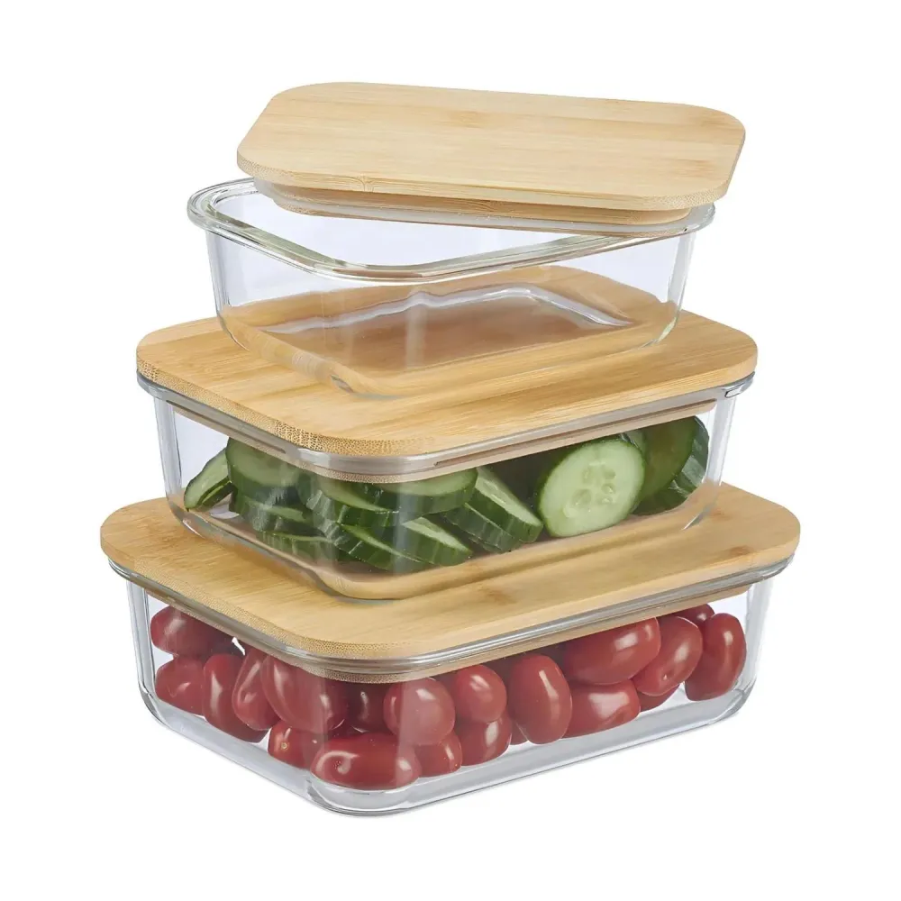 Set 3 Tupper Vidrio Hermetico Tapa Bambú 1,04 LT