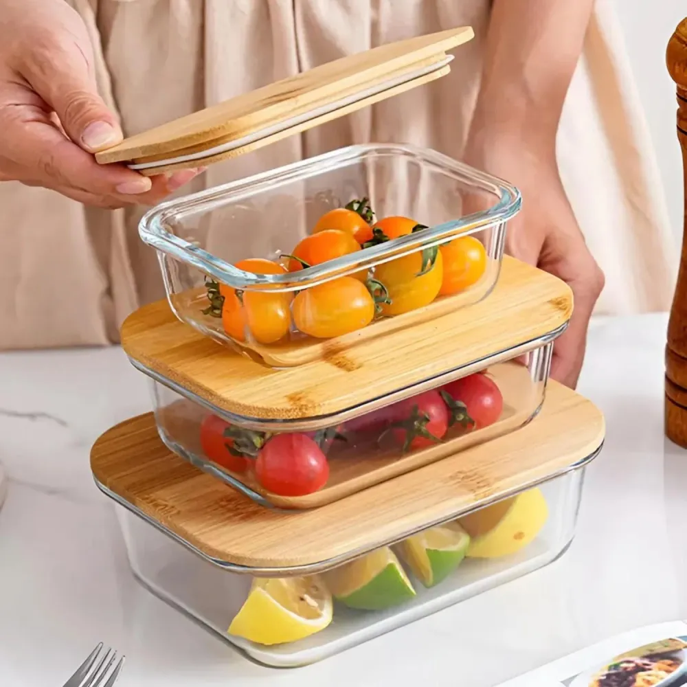 Set 3 Tupper Vidrio Hermetico Tapa Bambú 1,04 LT