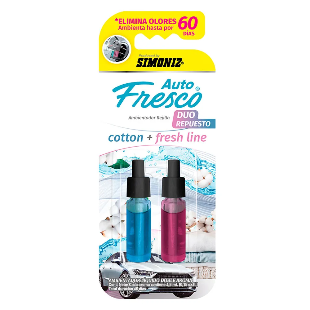 Ambientador Simoniz Auto Fresco Doble Aroma Cotton + Fresh Line Repuesto