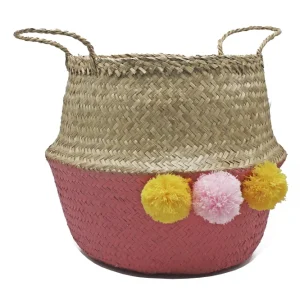 Cesto Córcega Natural/Rosa con Pompón 36×36 cm de Mimbre Sinder