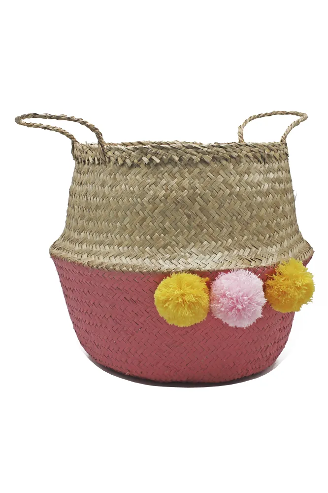 Cesto Córcega Natural/Rosa con Pompón 36×36 cm de Mimbre Sinder