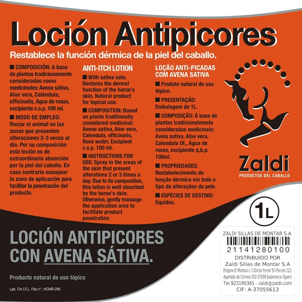 Zaldi Loción Antipicores Avena Sativa 1L - Restablece Función Dérmica Tienda Hipica D'hispania