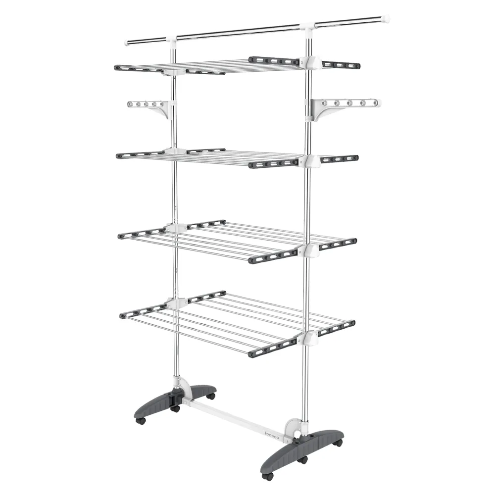 Tendedero para Ropa, 4 Estantes (Alas/Barra Superior Extendida, Gris/Blanco) Todeco