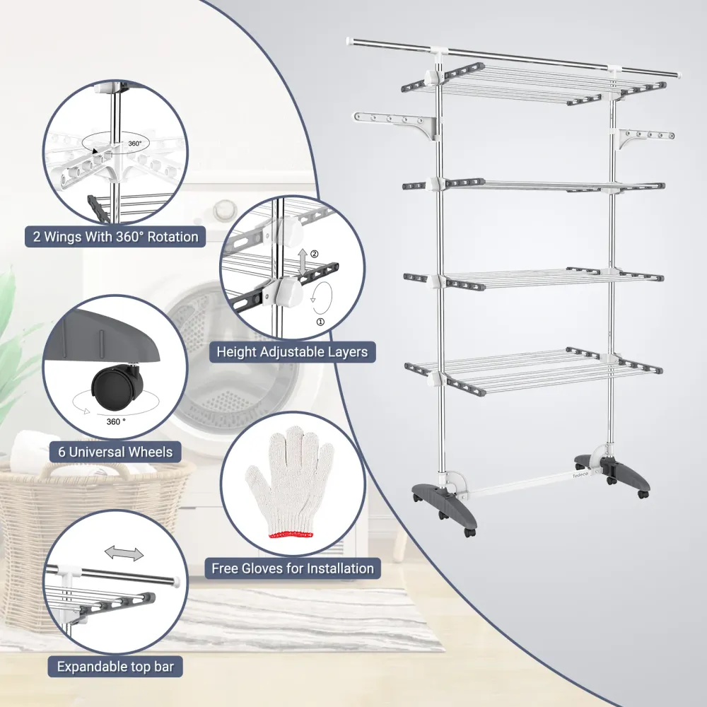 Tendedero para Ropa, 4 Estantes (Alas/Barra Superior Extendida, Gris/Blanco) Todeco