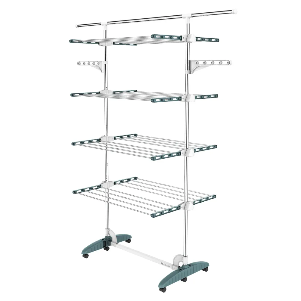 Tendedero para Secar Ropa, 4 Estantes (Alas/Barra Superior Extendida, Verde Azulado/Blanco) Todeco