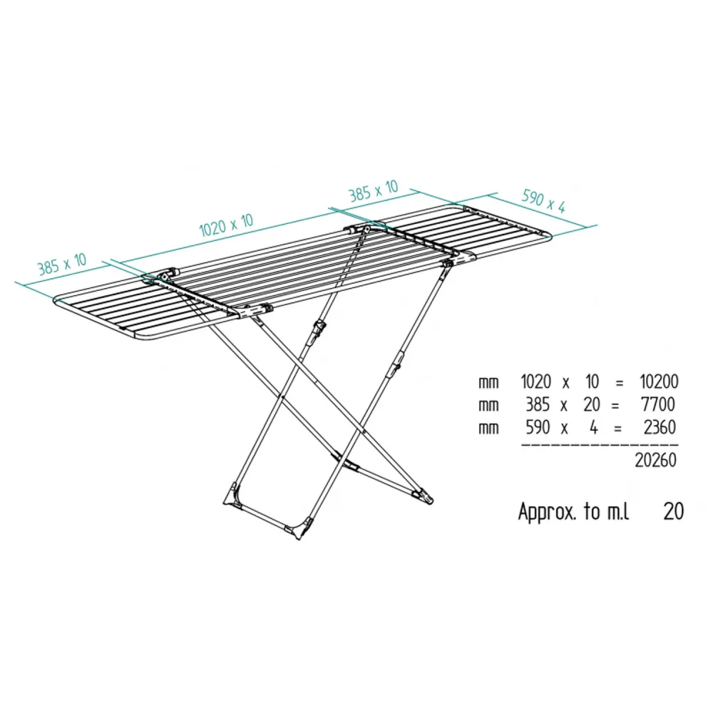 endedero Extensible de Acero y Aluminio, Espacio de Tendido de 11 hasta 20m, Soporte para Artículos Pequeños, Dimensiones...
