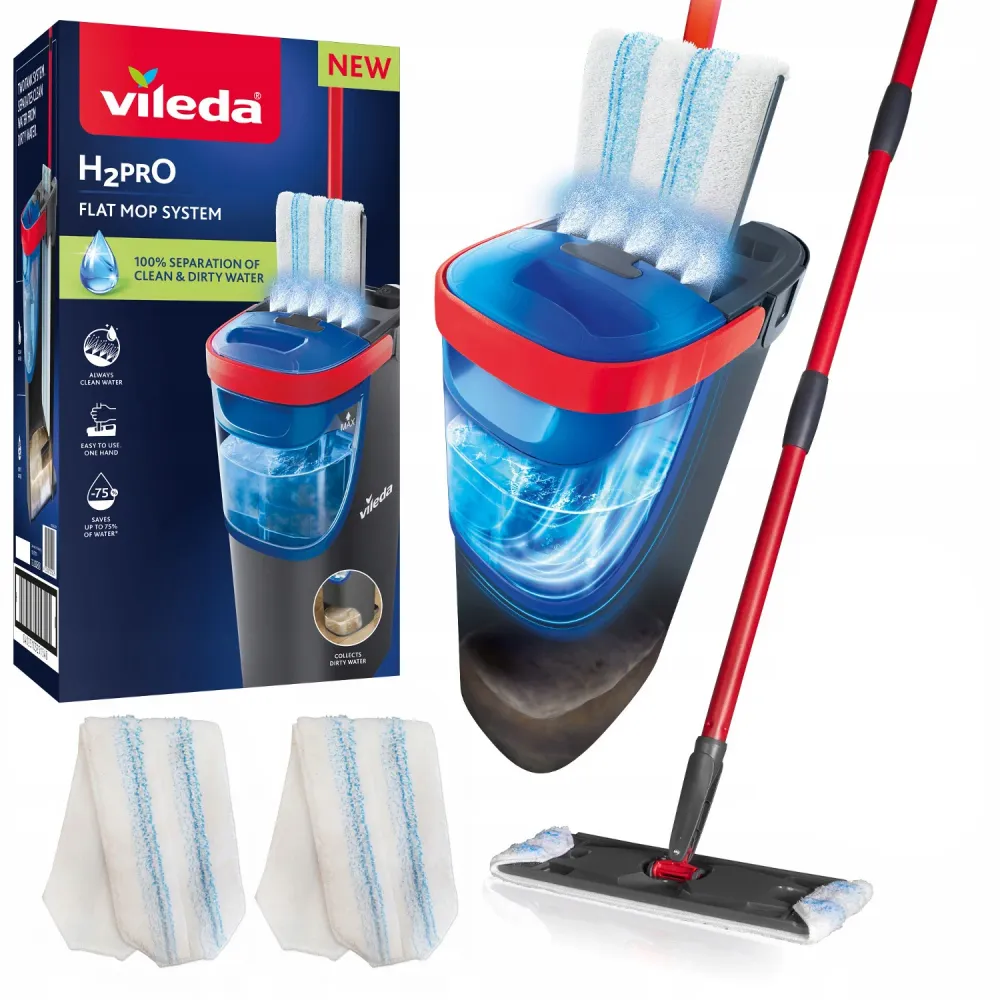 Fregona plana Vileda H2prO, separación del 100 % del agua limpia del agua sucia, dos depósitos, 2 fundas de microfibra, ca...