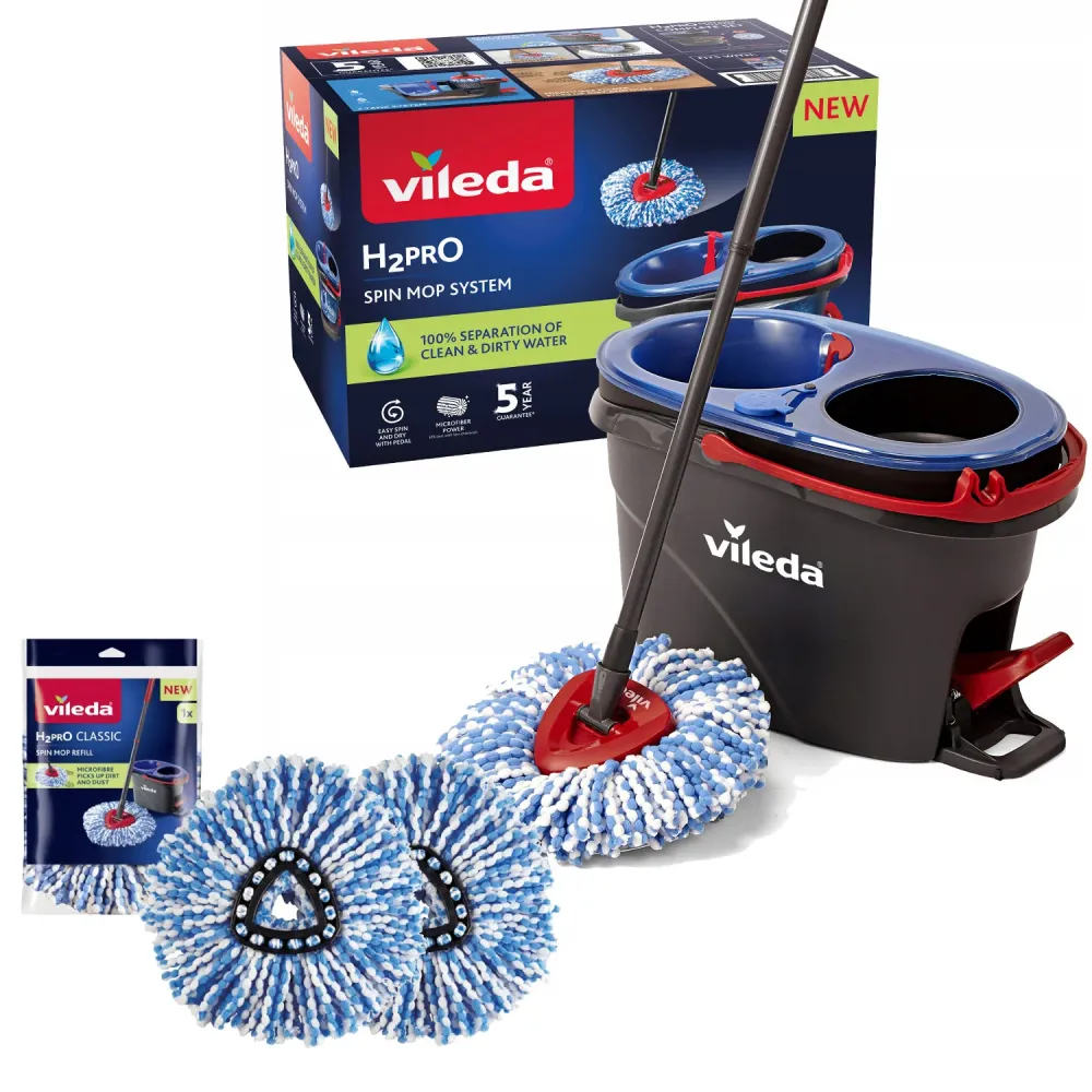 Mopa rotativa Vileda, dos cámaras, sistema de centrifugado, barra plegable, fácil limpieza de esquinas, turbo H2prO + 2 ca...