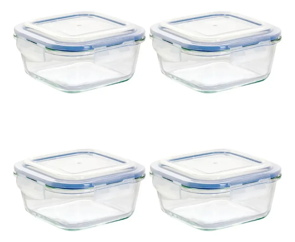 4 Contenedor Hermético Vittori Vidrio Cuadrado Grande 800 Ml