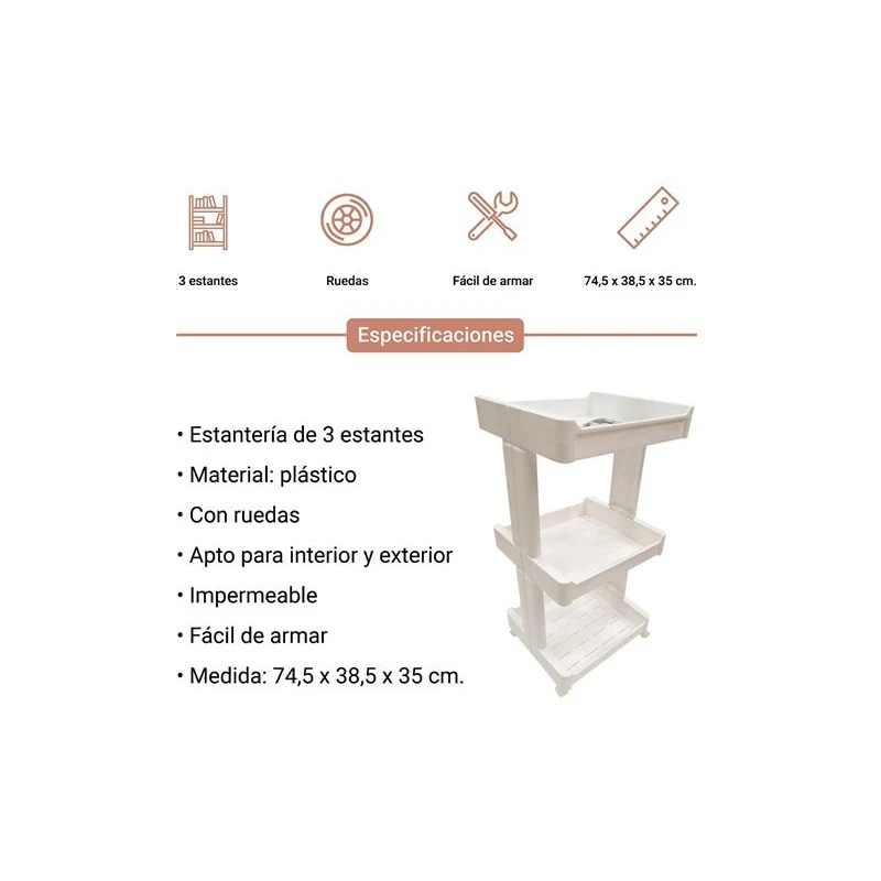 Mueble Estanteria De Plastico 3 Estantes Bandeja Con Rueda Blanco Zona Ofertas