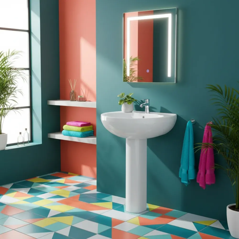 Lavabo bagno 55 cm con colonna H. 82 cm serie Orchidea ceramica Bianca