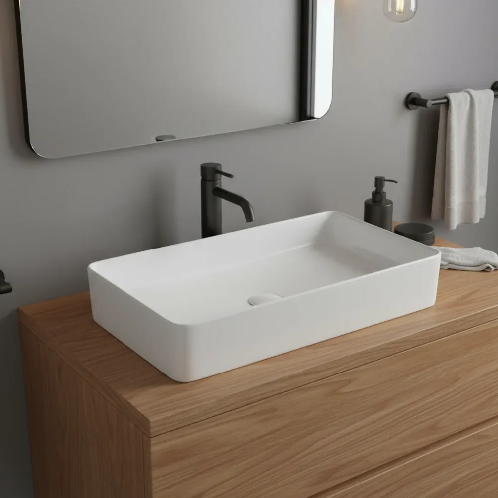Lavabo d'appoggio rettangolare ceramica bianca senza troppo pieno cm 61x34,5
