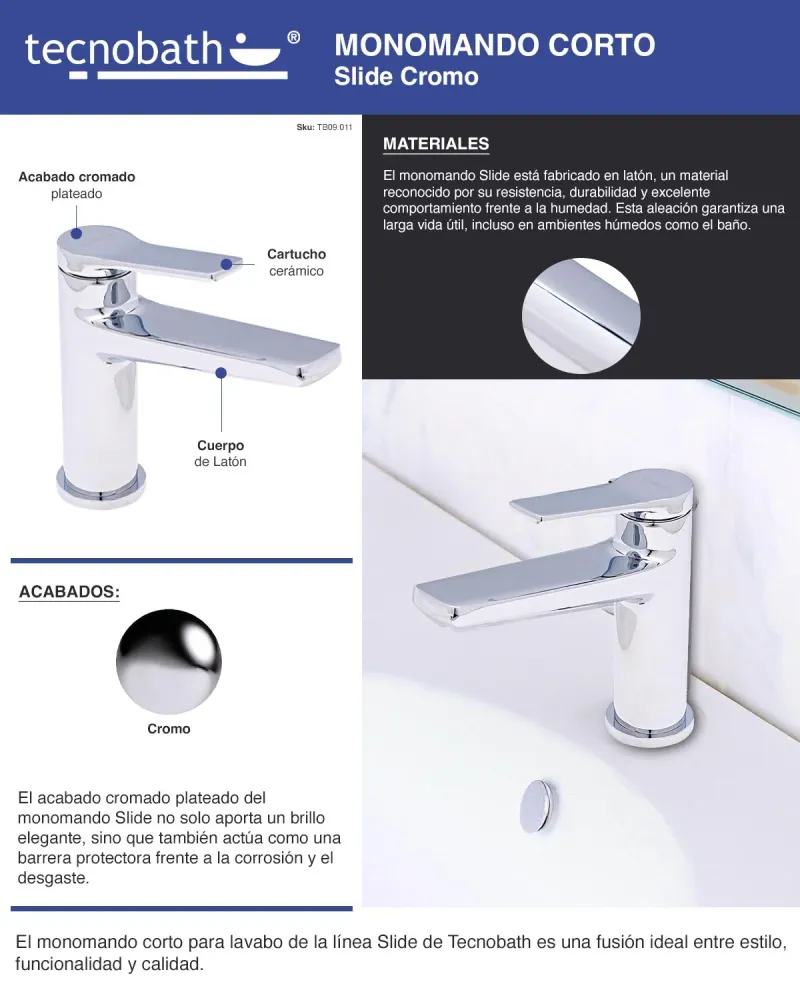 Monomando Breve Para Lavabo Slide" Cromo para Ropa Blanca
