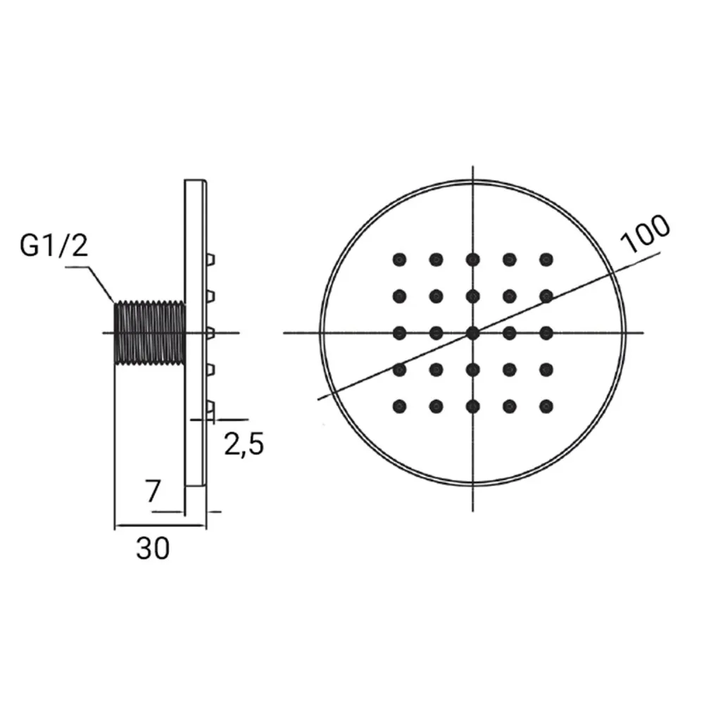 Soffione chorro corporal de pared 100mm en latón cobre Apto para Lavado en Frío